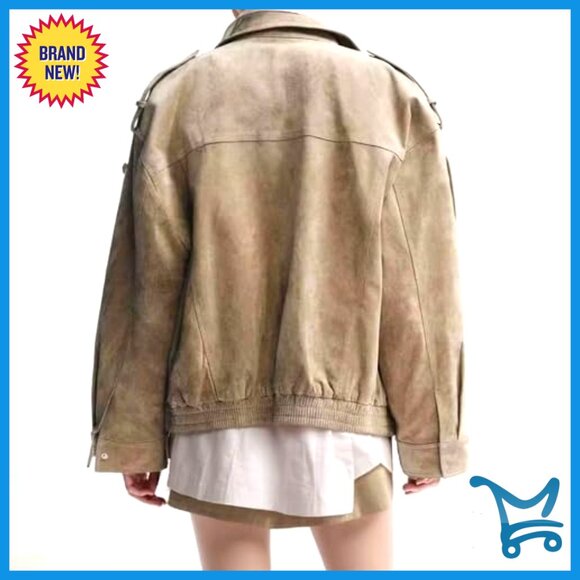 Vintage Faux Suede Leather Jacket Oversized Bomber with Pockets - Picture 3 of 7